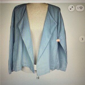 Eileen Fisher Blue Organic Linen Drape Front Blazer Cardigan Jacket